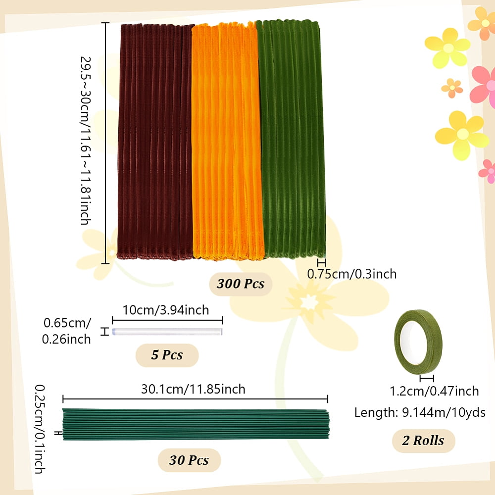 300Pcs DIY Plush Sticks with Paper Floral Adhesive Tape for Bouquet Stem Wrap 30Pcs Plastic with Iron Floral Stem 5Pcs Hot Melt Plastic Glue Sticks