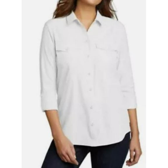 Eddie Bauer Women's Moisture Wicking UPF 50 Departure Top Bottom Down Shirt (White, L)