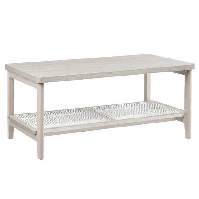 VASAGLE 2-Tier Coffee Table for Living Room, Living Room Table Rectangular Center Table, with PVC Rattan Storage Shelf, Rounded Corners, Easy Assembly, Boho Style, Oatmeal Beige