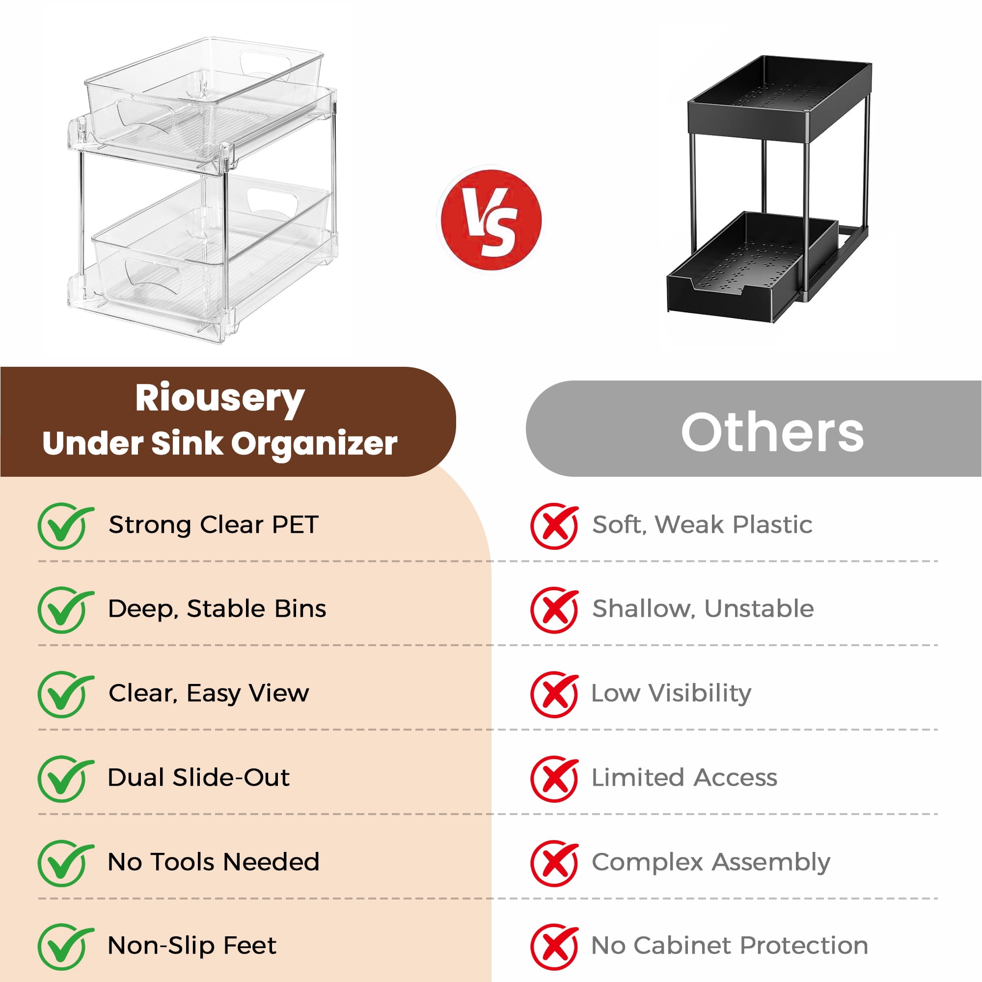 Riousery 2-Tier Clear Under Sink Organizer, 2-Pack Pull-Out Cabinet Storage, Stackable Design for Kitchen and Bathroom