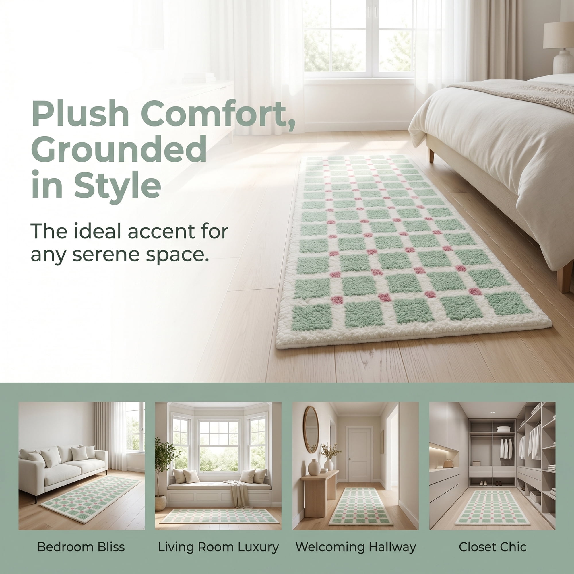 Unique Bargains Geometric Runner Rug Shaggy Bedside Non-Slip Hallway Carpet Green