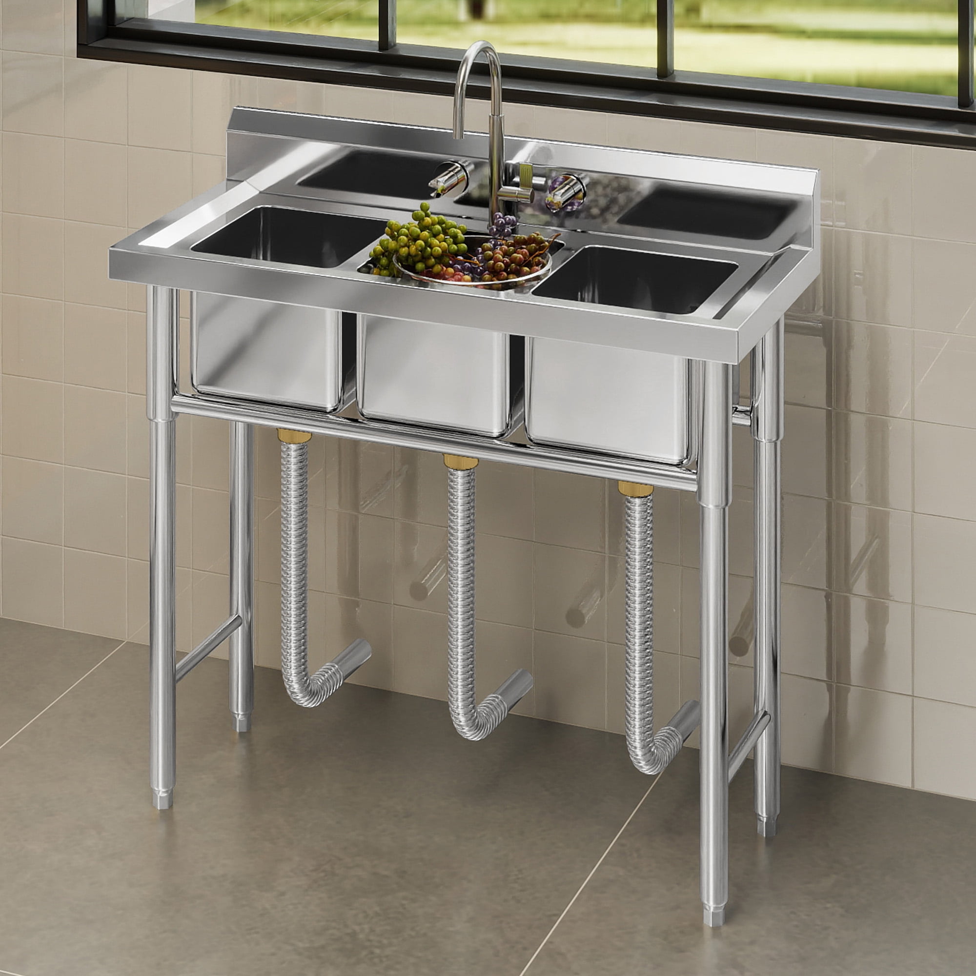 Uforic Stainless Steel Utility Sink, 3 Compartment Commercial Sink for Kitchen, Restaurant, Laundry, Garage