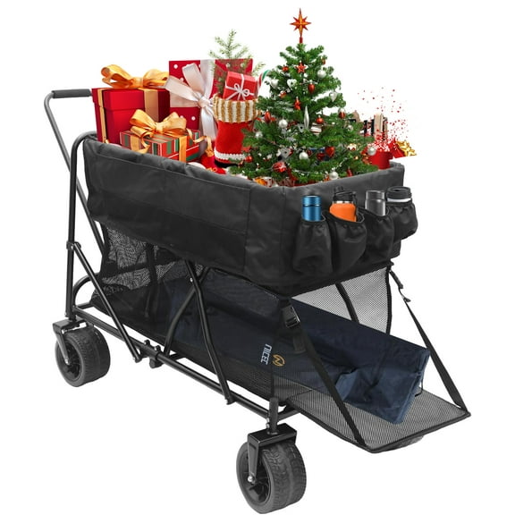 Foldable All-Terrain Wagon Cart with Double Decker Storage, 450 lbs Capacity, Silent 360° Wheels, Tailgate, Cupholder, and Extra Extender, Heavy Duty Collapsible Wagon for Camping, Shopping, Garden