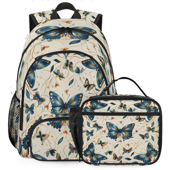 Herdesigns Butterfly Backpack with Lunch Box Vintage Floral Lightweight Large Travel Work Laptop Backpacks Set Casual Daypacks