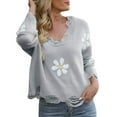thumbnail image 2 of BKQCNKM Sweatshirt for Women Oversized Sweatshirt for Women's Ripped Long Sleeved Loose Knit Sweater with Small Flower V Neck Pullover Crewneck Sweatshirts Women, Gray M, 2 of 6
