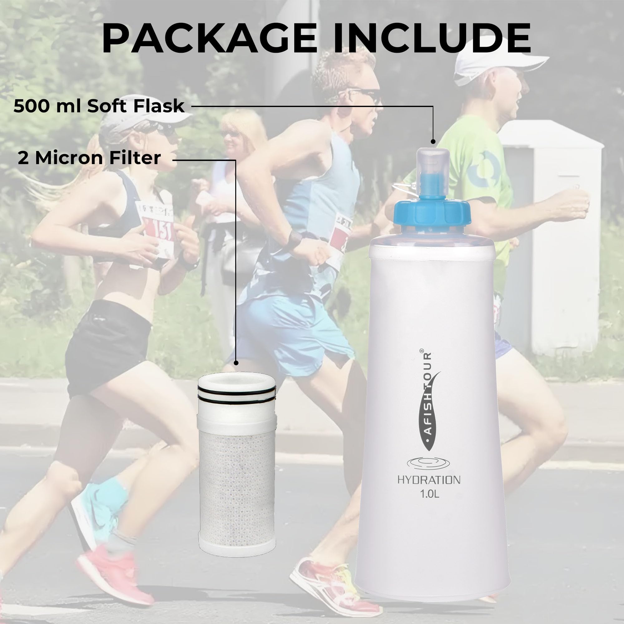 AFISHTOUR Soft Flask with Filter, 1000ml BPA-Free Collapsible Soft Water Bottle with Filter for Trail Running, Hiking, Cycling, Fishing, Travel