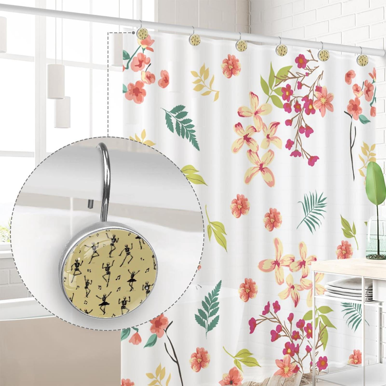 12pcs Decorative Shower Curtain Hooks, Rust Resistant Shower Rings for Bathroom Living Room,Rustproof Stainless Steel Rings for Shower Curtain and Liner Rods,Ballet Dancing Skeleton Yellow