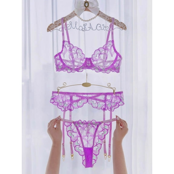 Purple Embroidery Lingerie Set (PURPLE, S)