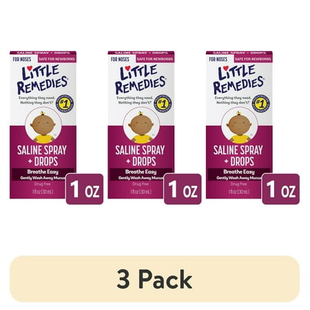(3 pack) Little Remedies Saline Spray and Drops, Safe for Newborns, Gently Wash Away Mucus from Cold, 1 fl oz