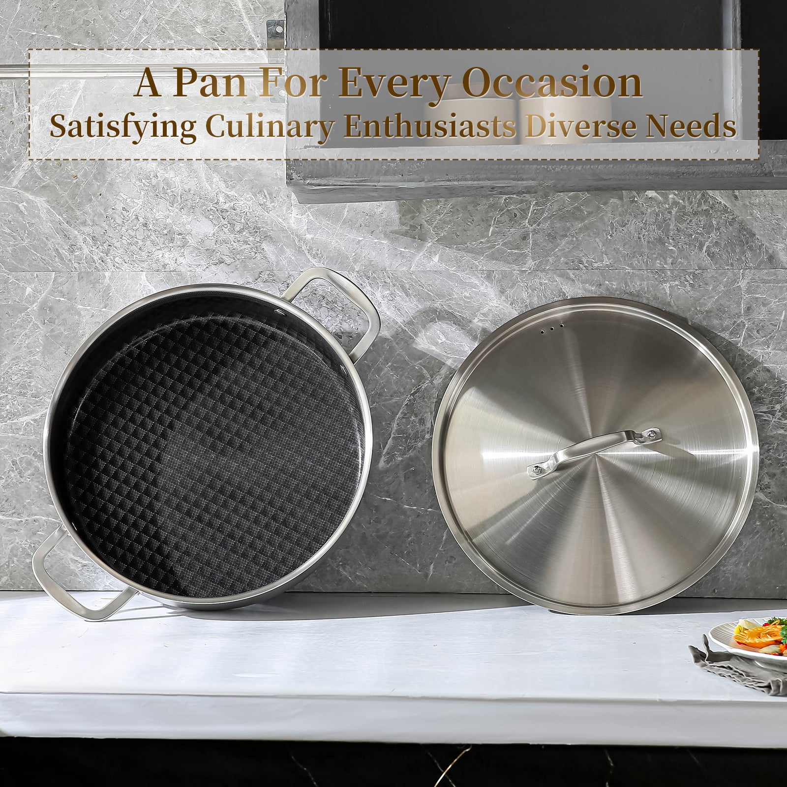 DELARLO 7QT Tri-Ply Stainless Steel Non Stick Braiser Pan with Lid,12inch Deep Frying Pan,Large Saute Pan Induction Compatible,Heavy Duty and Oven Safe