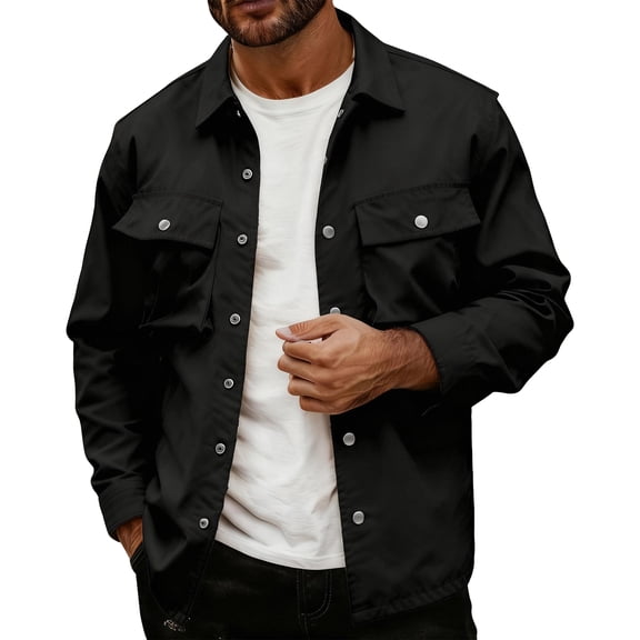 Mens Shirt Jacket Casual Button Up Shirts Long Sleeve Lightweight Shacket With Flap Pockets for Workwear and Outdoor Activities in Multiple Colors Available Now,Black,L