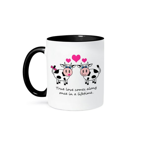 3dRose, True Love Comes Along Once in a Lifetime – Cute Happy Cows Design, 11oz Two-Tone Black Mug