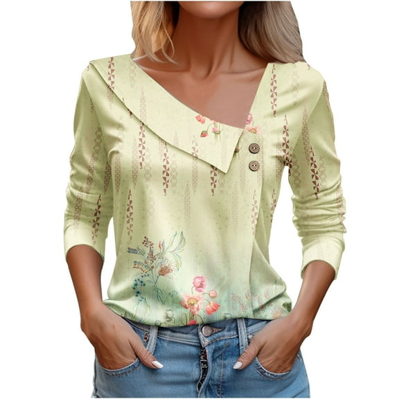 WREESH Womens Fashion Dressy Tops Side Button V-Neck Printed Long Sleeved Shirt T-Shirt Pullover Yellow