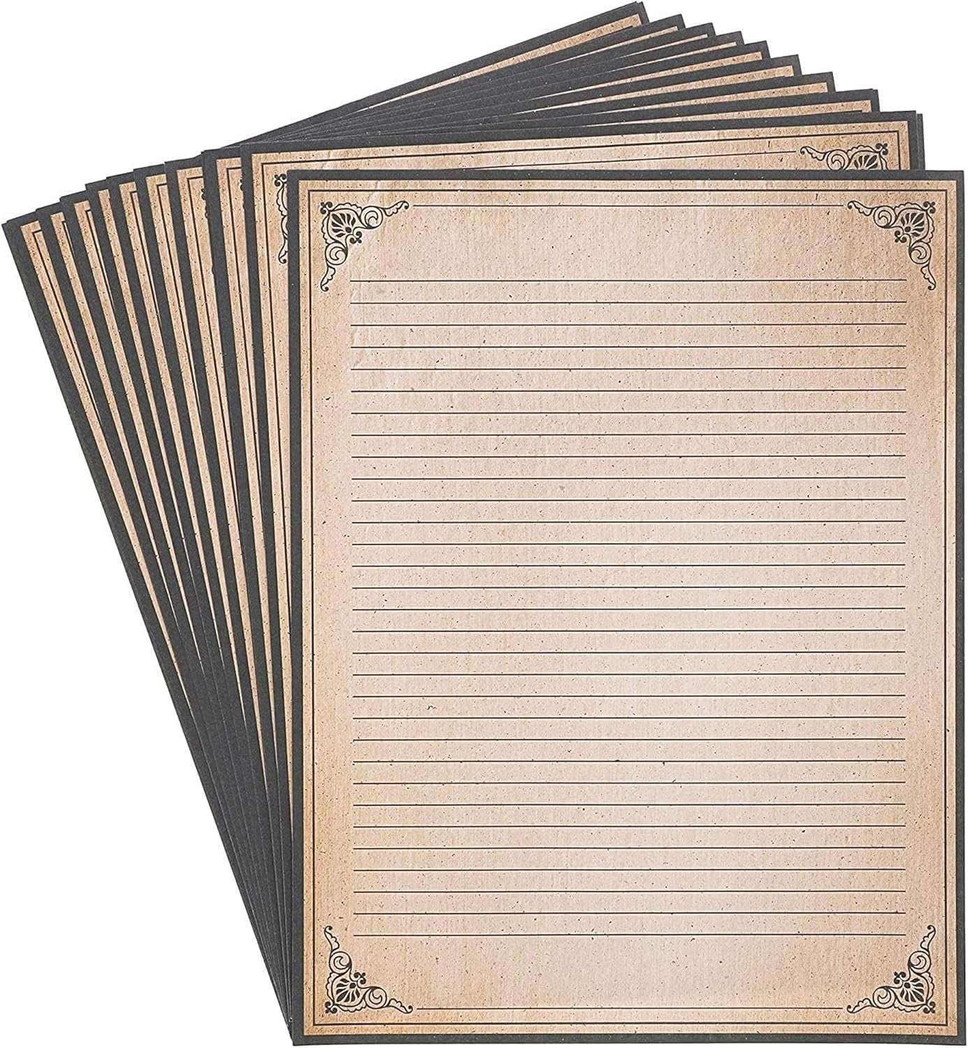 Lined Stationery Paper - 8.5 x 11 In, Brown, 96 Sheets - Paper & Inkjet & Laser Printer Compatible - Antique Border & Aged Lined Sheets