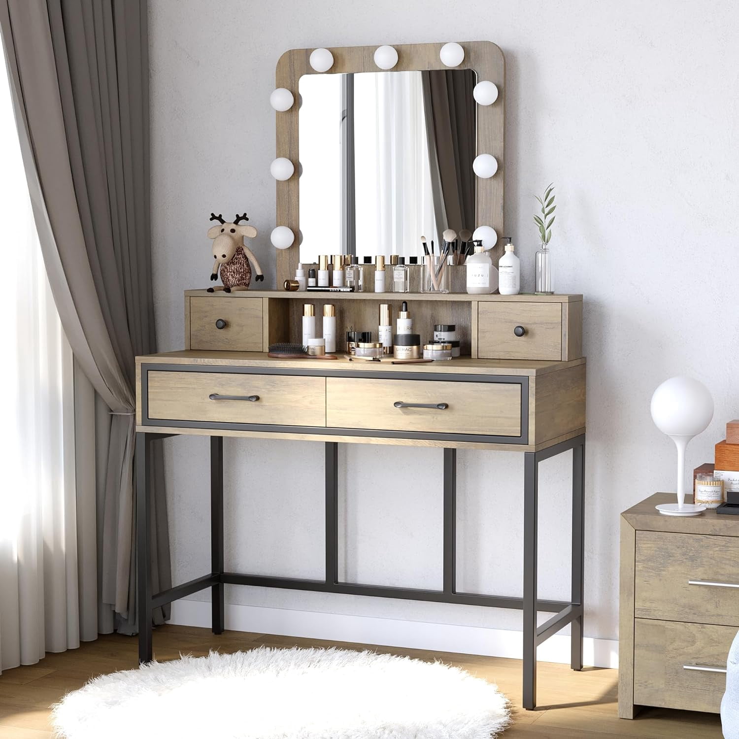 Heynemo Makeup Vanity with 3 Color Dimmable Lighted Hollywood Mirror, Vanity Table with 4 Drawers for Women Girls, Dressing Desk for Bedroom, Beauty Room, Brown