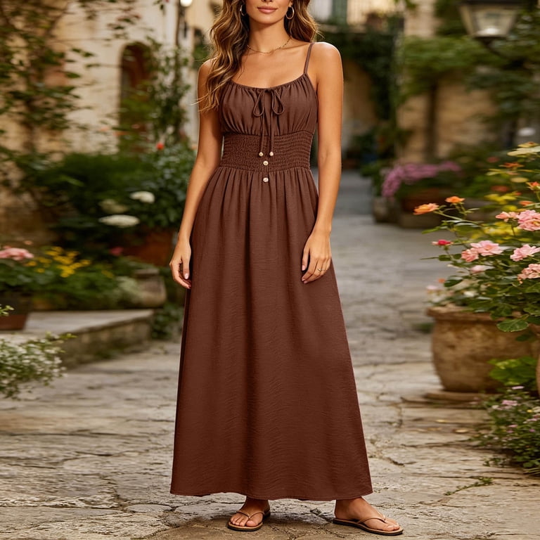 Vbvc Women's Spaghetti Strap Smocked Waist Maxi Dress , Ladies' Textured A Line Tie Front Long Dress , Summer Boho Beach Vacation Sundress For Women