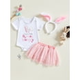 thumbnail image 3 of Baby Toddler Girls Easter Skirt Outfits 3 6 12 18 Months Short Sleeve Letter Bunny Print Romper Tulle Skirt Headband Clothing Set, 3 of 9