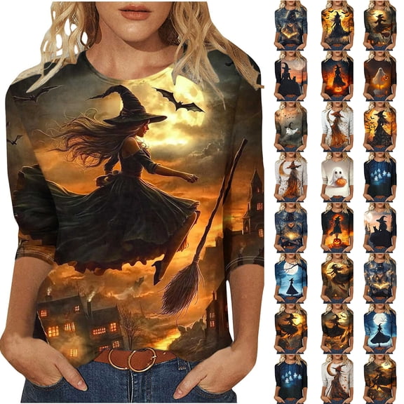 Chiccall Women's Halloween Witch Print 3/4 Sleeve Plus Size T-Shirt Round Neck Casual Loose Fit Fall Holiday Graphic Top