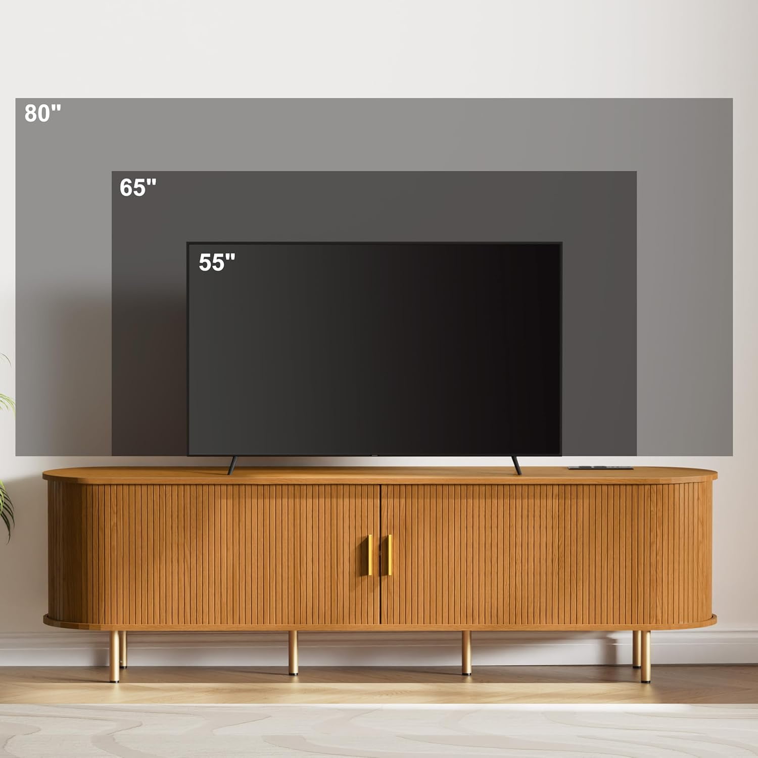 70.8 Inch Mid-Century Modern TV Stand with Power Outlet for TVs up to 80 Inches, Entertainment Center with Sliding Doors, Adjustable Shelves and Storage, Media Console for Living Room, Yellow