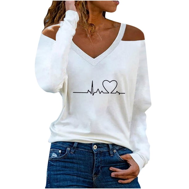 Moda mujer cuello en V manga larga otoño electrocardiograma estampado hombro frío blusa suelta Tops Pompotops gfhjh21127