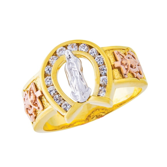14K Men's Fancy Our Lady of Guadalupe Virgin Mary CZ Tri-Color Gold Ring