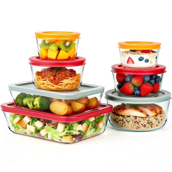 14Pcs Glass Food Storage Containers with Lids (7 Containers & 7 Lids), Stackable Meal Prep Lunch Boxes & Bowls, BPA-Free Lids, Microwave Freezer Dishwasher Safe, Multicolor