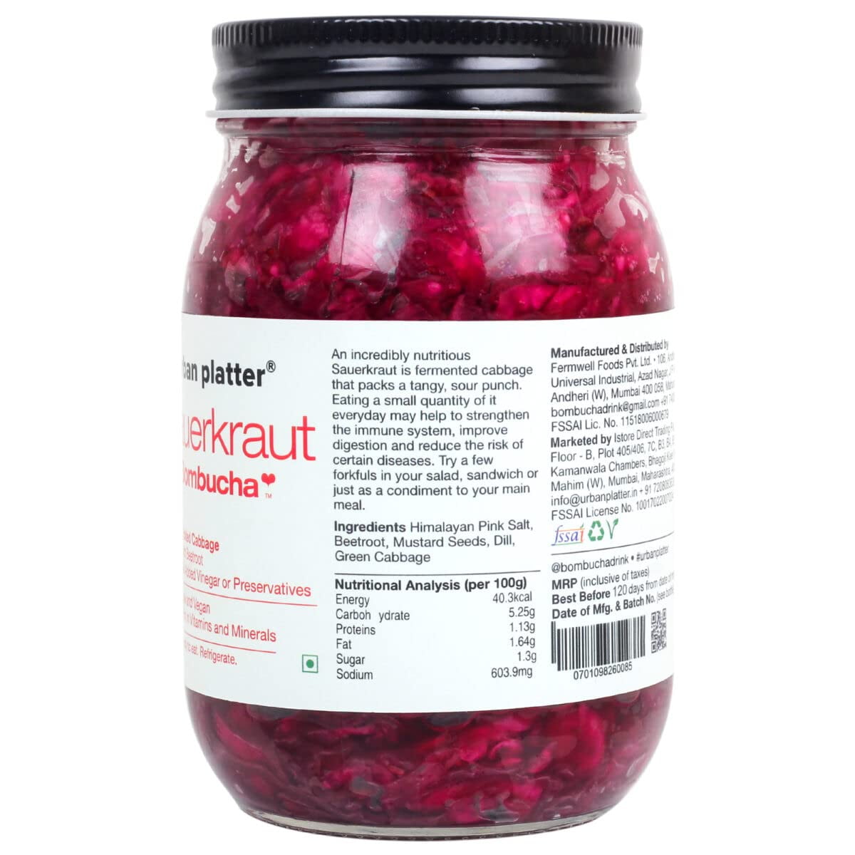 Urban Platter Sauerkraut Original Pickled Probiotic Cabbage with Beetroot, 450g / 15.8oz [Raw