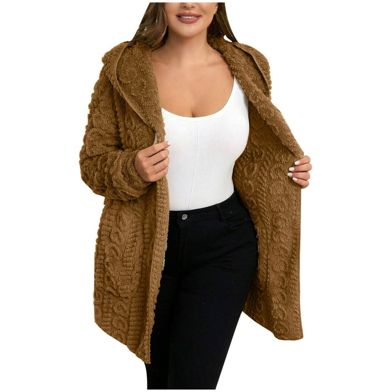 Trendy Knit Sweater Jacket Mid Length Open Front Hooded Cardigan