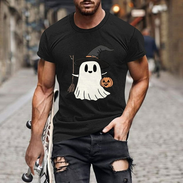 Pisexur Chemises pour Hommes Chandail pour Hommes Blouse/t-Shirt d'Halloween Imprimé à Col Rond à Manches Courtes Noir, 3TG