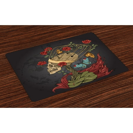 Mexican Bush - Skull Placemats Set of 4 Evil Mexican Sugar Skeleton with Kitsch Bush of Roses Snake and Butterfly Artwork, Washable Fabric Place Mats for Dining Room Kitchen Table Decor,Ruby Dark Grey, by Ambesonne