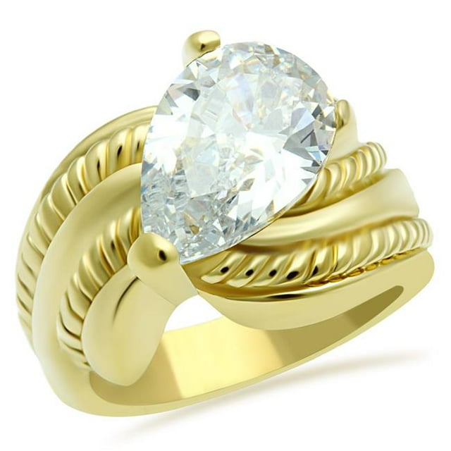 IP Gold Ion Plating Brass Ring with AAA Grade CZ, Clear - Size 6