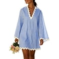 thumbnail image 3 of Zpzdpjkx Women's Summer Casual Striped Tunic Dress, V-Neck Long Sleeve Scalloped Beach Cover-Up, 3 of 10