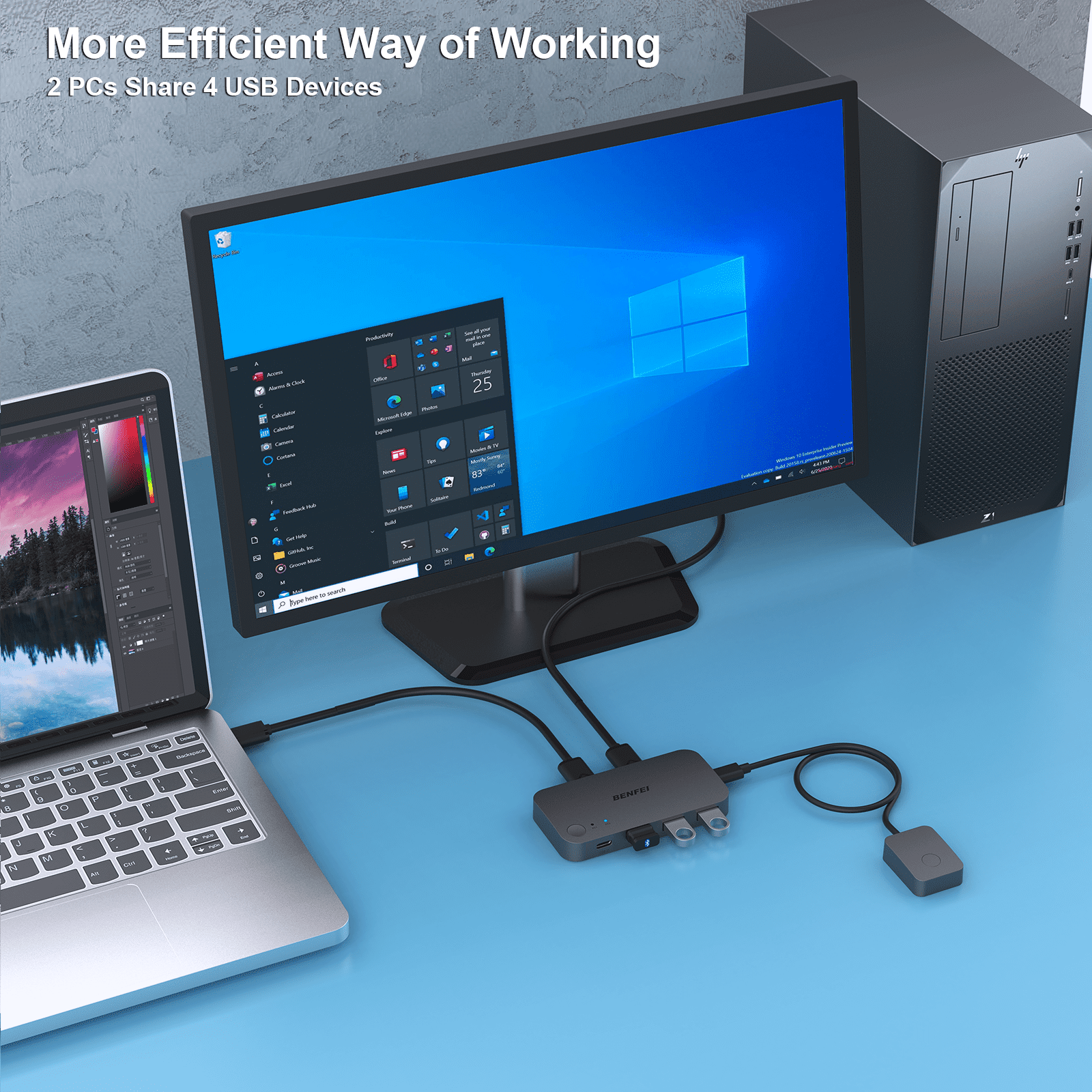 Benfei usb 3.0 switch, 2 computers share 3*usb 3.0 & 1*usb c with remote control for pc mouse keyboard printer scanner, usb kvm switch selector compatible with windows, mac, linux