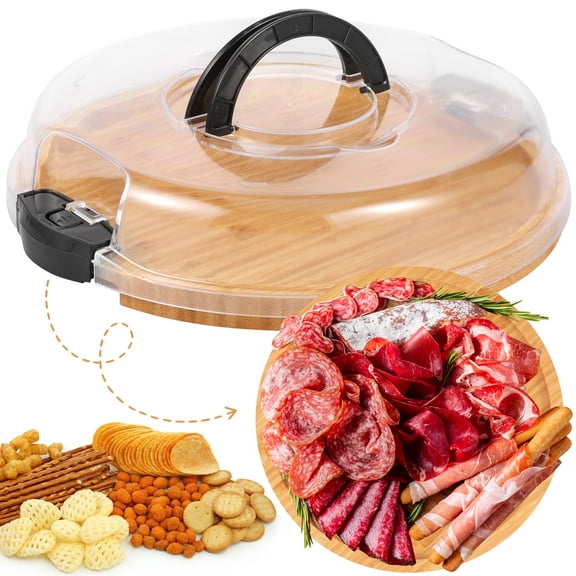 Ikoopy Cheese Board Covered Fruits Platter Serving Tray Round Charcuterie Board with Lid Large Capacity Divided Design for Party Picnic Camping
