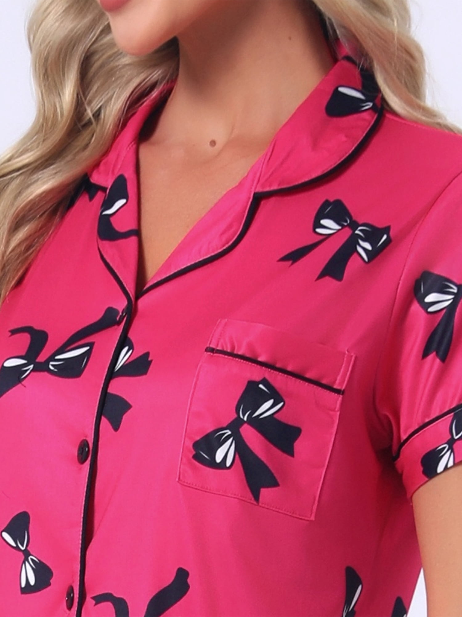 DARING DIVA Women's Pajama Sets Short Sleeves Bow Button Up Tops and Shorts XL Hot Pink