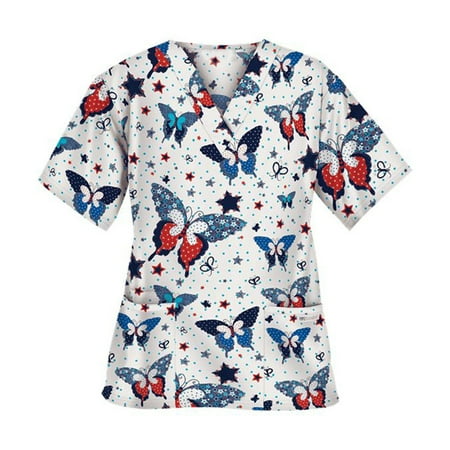 

BallsFHK Women Short Sleeve V-neck Blouse Working Uniform Cartoon Print Tops Scrub Tops Women