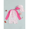 thumbnail image 6 of BemeyourBBs Toddler Baby One Piece Swimsuit with Sunhat Set Infant Girl Bathing Suit Long Sleeve Rash Guard Floral Bow Strawberry Print Half Zipper Swimwear Summer Beachwear, 6 of 9