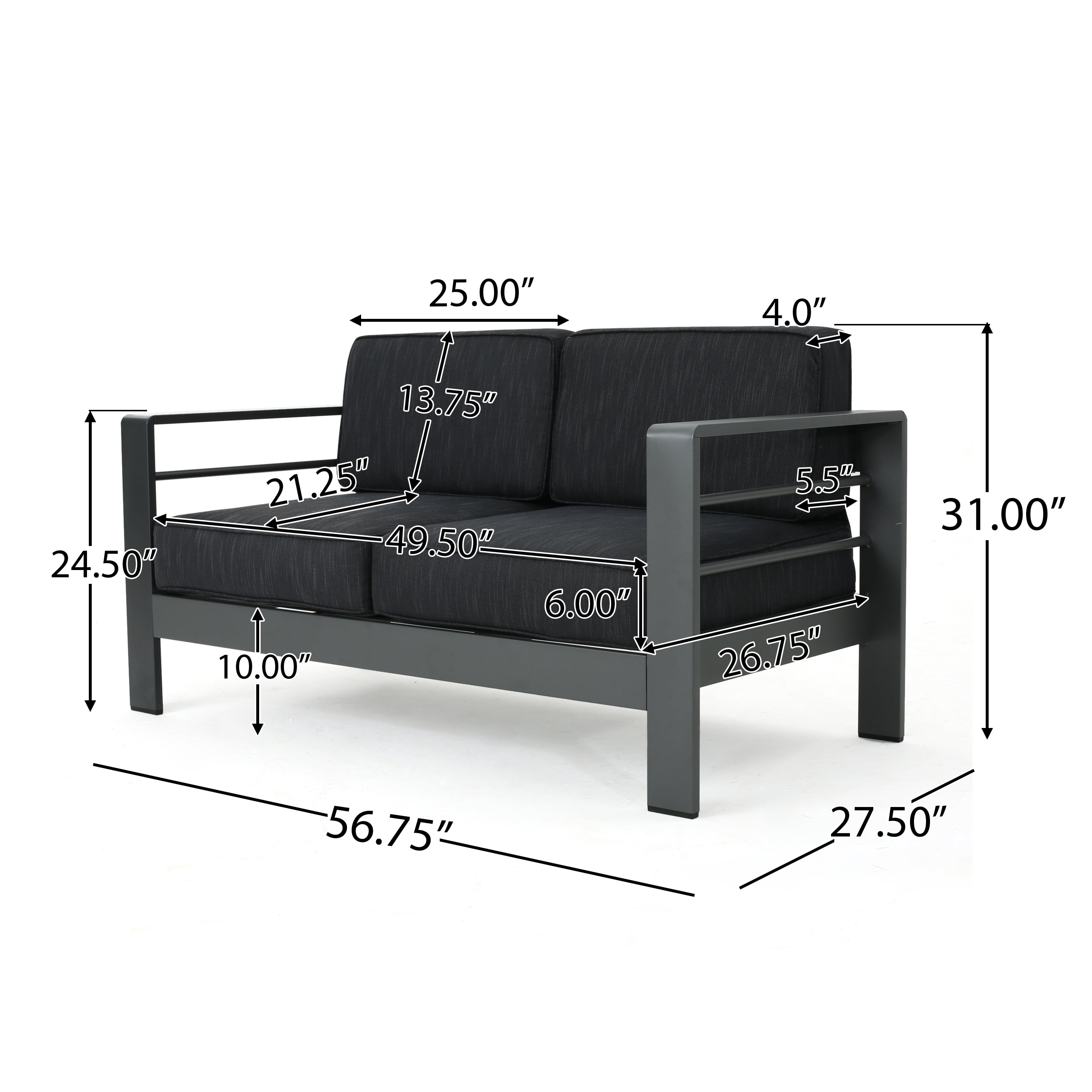 Bridget Outdoor 5 Piece Aluminum Sofa Chat Set with Cushions and Square Fire Table, Grey, Light Grey
