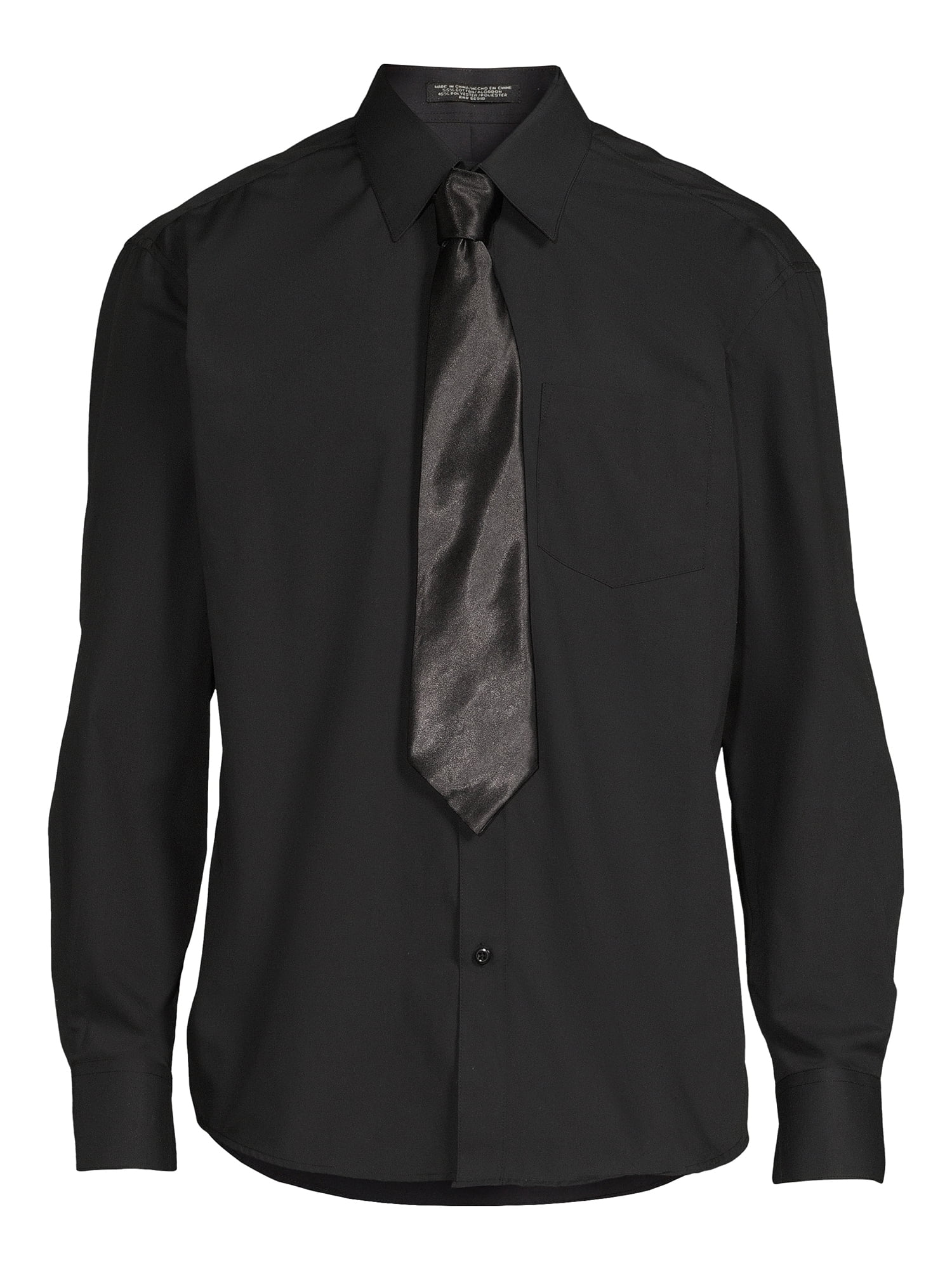 Silver Label Men’s Long Sleeve Solid Dress Shirt with Front Chest Pocket and Coordinating Necktie