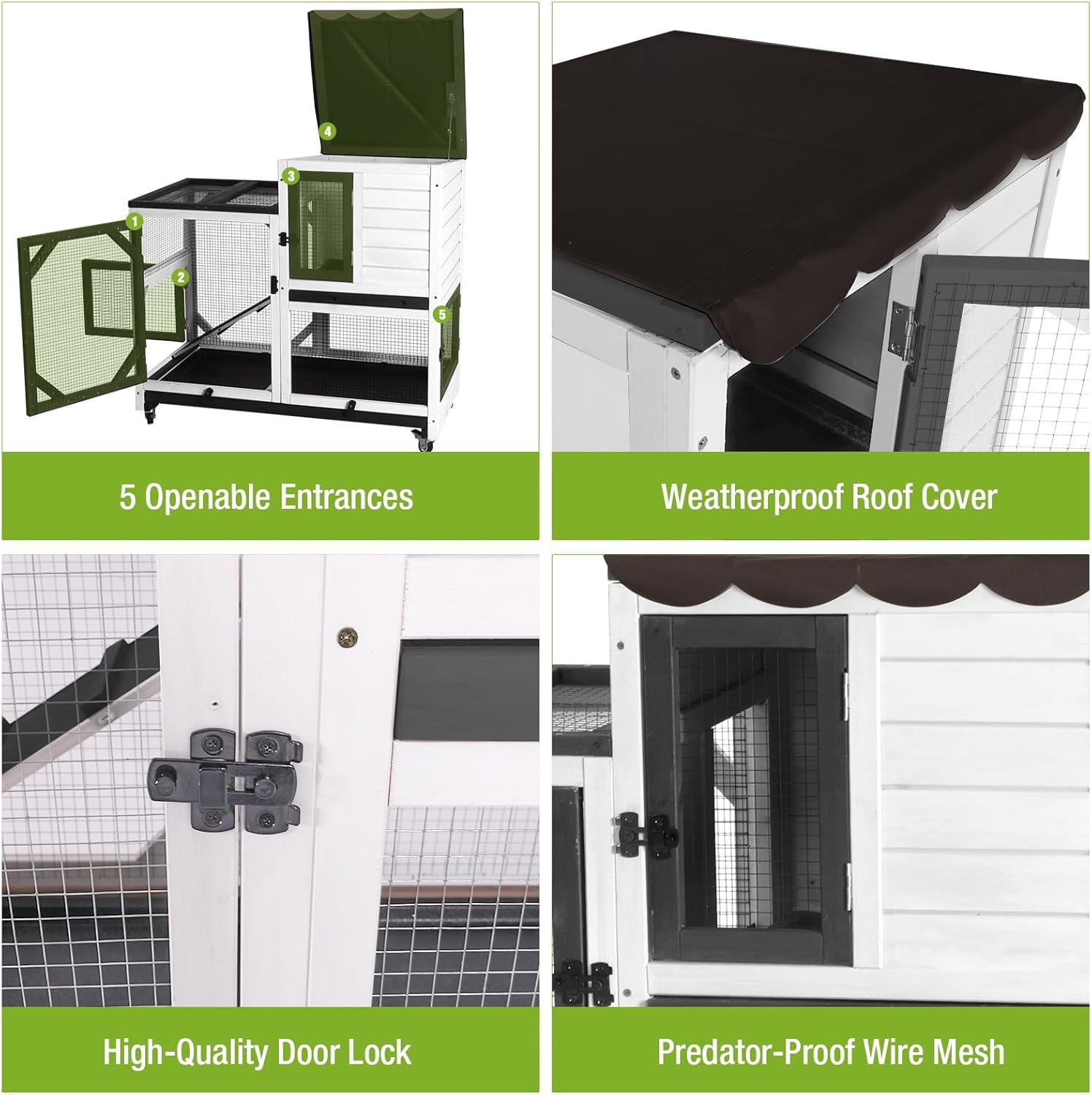 2-Story Rabbit Hutch Bunny Cage with Leak-Proof Trays & Chew-Proof Ramp - Indoor/Outdoor 39.3" Wooden Rabbit Cage with Wheels (Black)