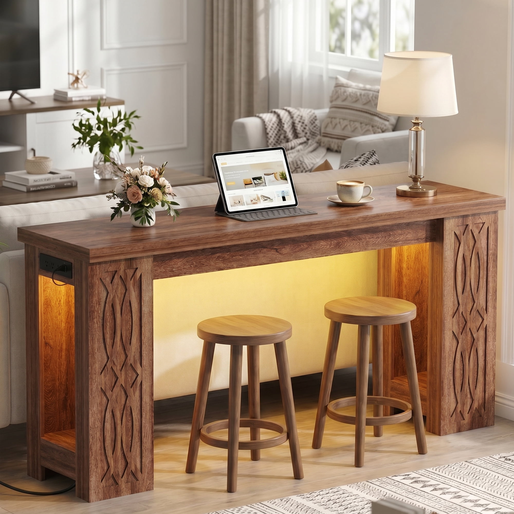 Homieasy 63'' Farmhouse Console Table with Charging Station and LED Lights for Hallway, Entryway, Living Room, Cracked Oak