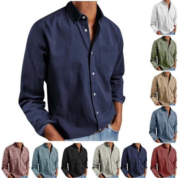 Akmaiox Men's & Big Men's Dress Shirts Long Sleeve Lapel Button Closure Vintage Casual Shirts Loose Fit with Pocket Summer Daily Work Shirts S-4XL