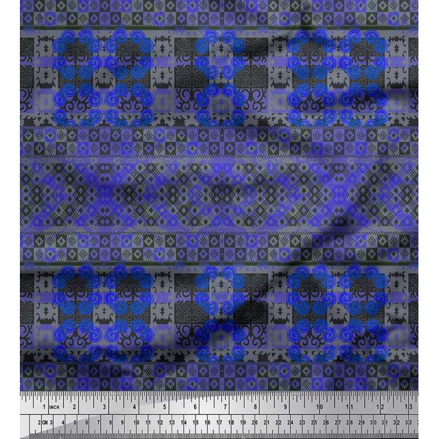 Soimoi Poly Georgette Fabric Check & Damask Ethnic Print Fabric by the Yard 42 Inch Wide
