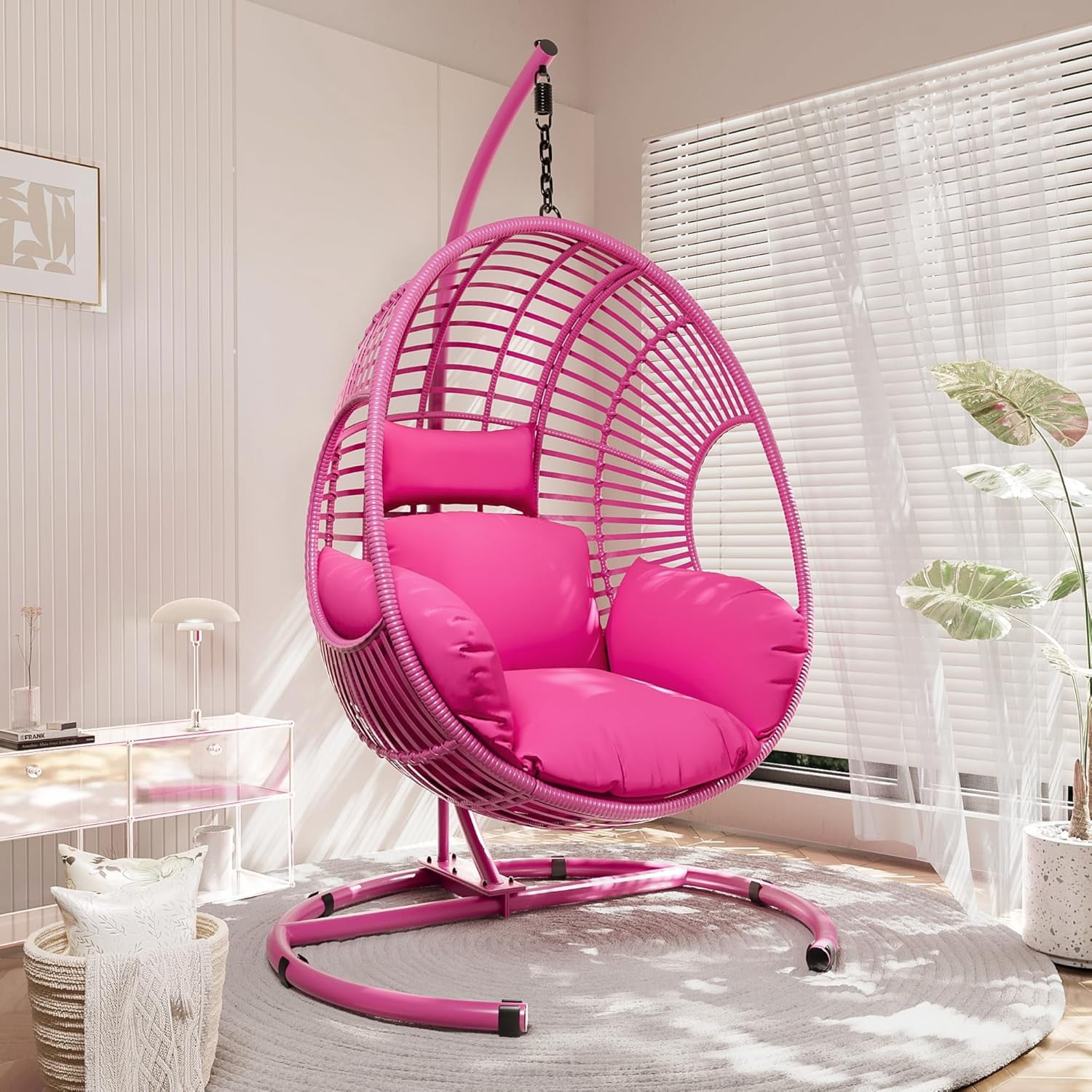 Oversized Hanging Egg Chair Outdoor Indoor, Wicker Swing Egg Chair with Stand  Rain Cover UV Resistant Cushion 400lbs Capacity for Bedroom, Patio, Garden and Balcony (Pink-Regular)