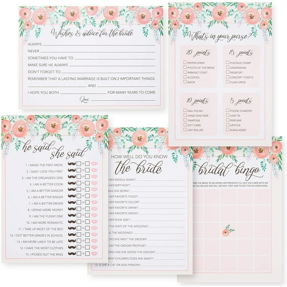 Set of 5 Bridal Shower Games for 50 Guests, Wedding and Engagement Party Activities, Pink Floral Design