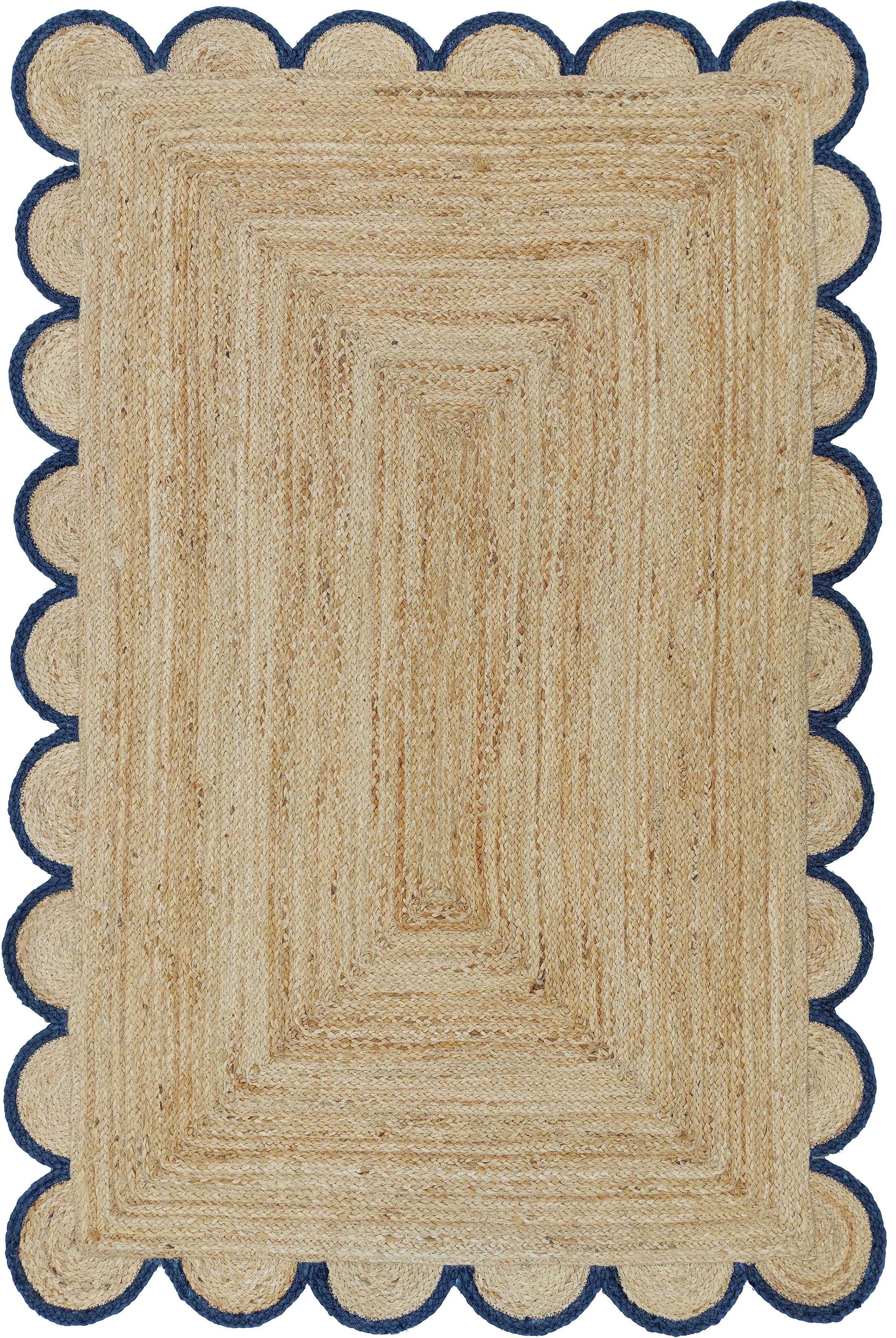 Jute Area Rug For Home And Living Room Décor Rectangular Scalloped Natural Jute Carpet Area Rug Navy 9' x 12' BY KALVEERA