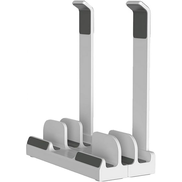 SDES-Vertical Laptop Stand for Desk, Dual Slots, Plastic, Adjustable, Space Saving 3-in-1 Design, Supports MacBook, Chromebook, Surface, Dell (White)