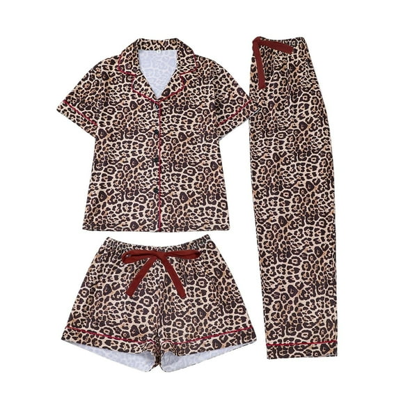 XIYON Womens Pajama Sets Pajama Soft Comfortable Sleepwear Loungewear Short Sleeve Top With Shorts And Pants Animal Printed Lapel Home Wear Cozy Outfit Soft Sleepwear Loungewear