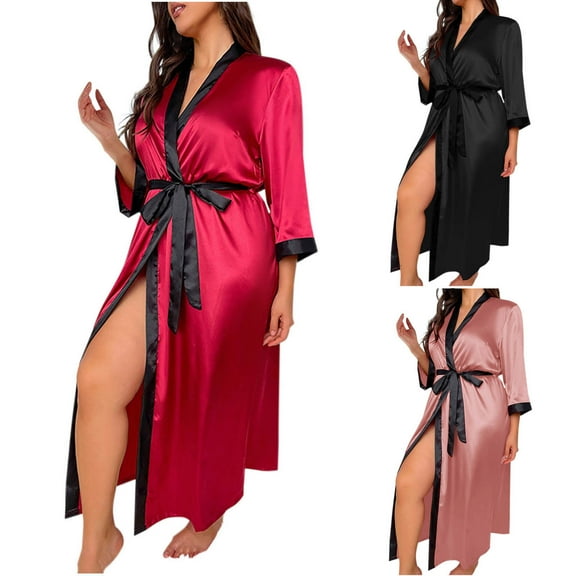 CFLVAEK Satin Robes for Women Plus Size Long Sleeve Bathrobe with Belt Color Block Full Length Sleepwear Lightweight Soft Bridal Party Bridesmaid Robe Black XL