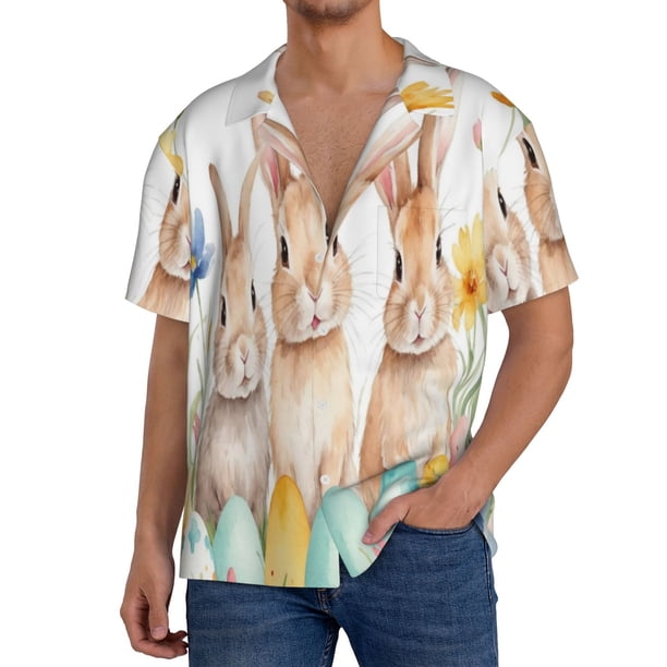 Fotbe Happy Easter Camisa Estampada de Manga Corta para Hombre, Casual de Verano, Estilo Playero, Sin Arrugas-Medium